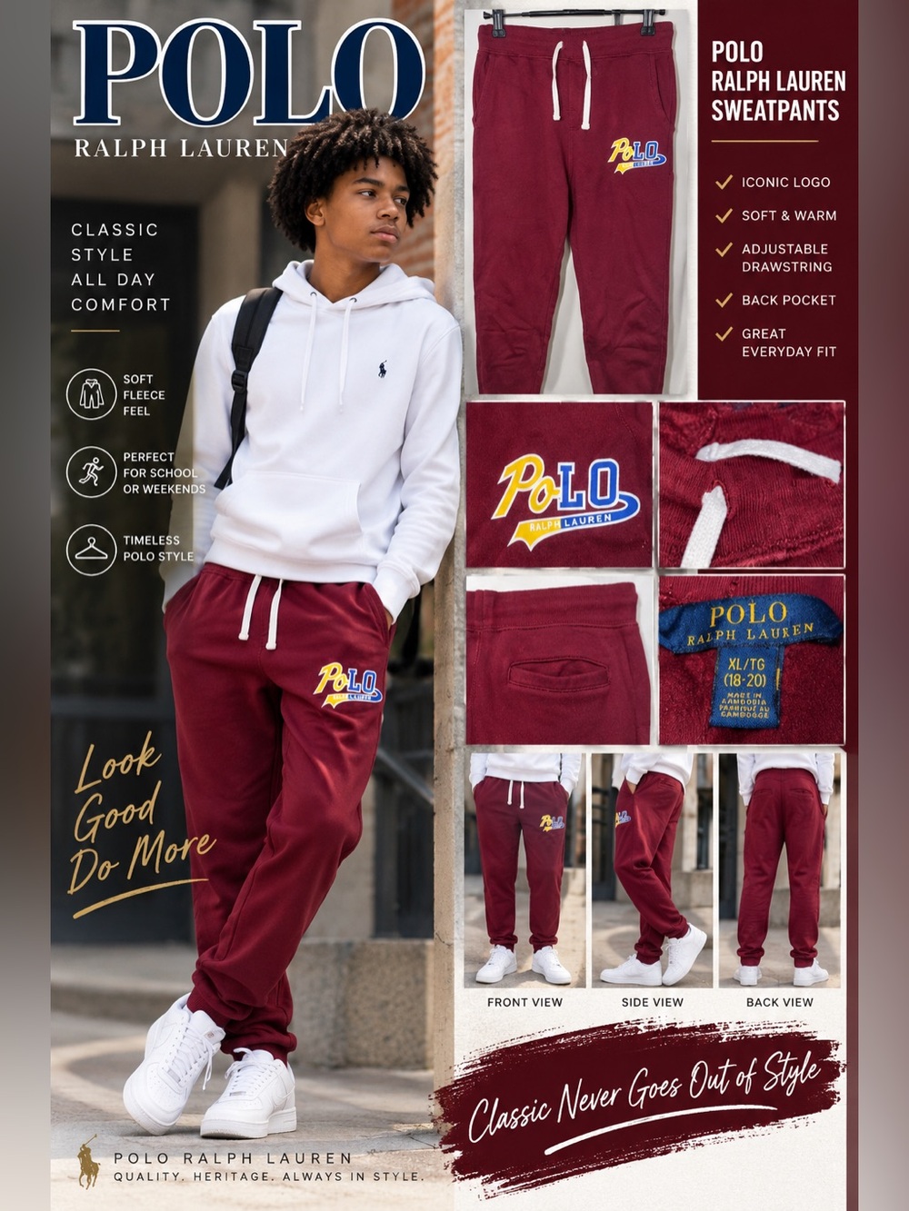 Polo by Ralph Lauren Boys Maroon Sweatpants with Multicolor Logo size XL 18/20